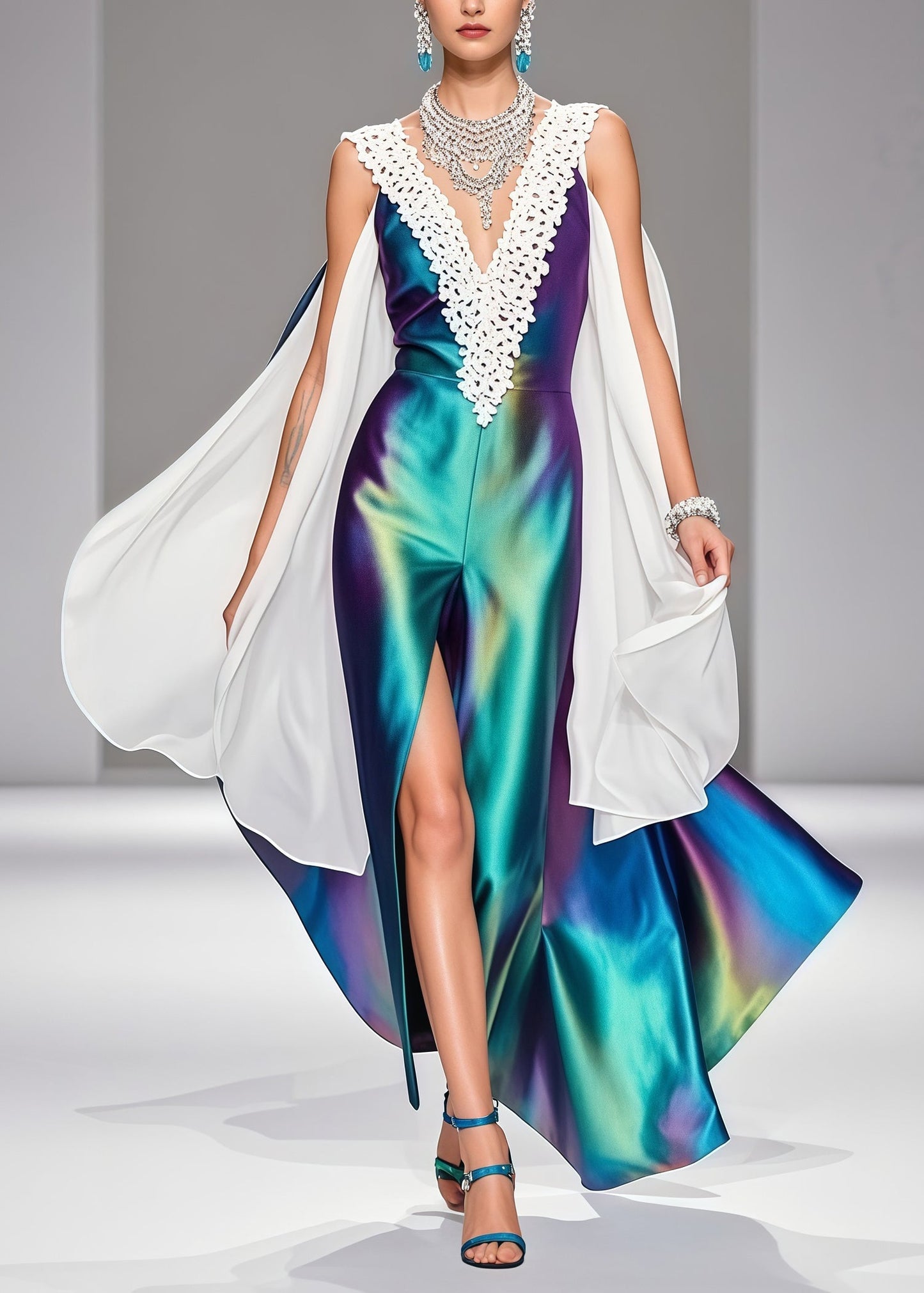 Plus Size Gradient Color V Neck Patchwork Silk Vestidos Dress Sleeveless