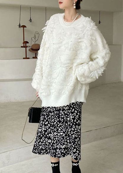 Plus Size Women White Lace Floral Knit Pullover