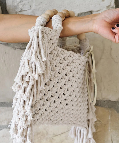 Fashion Blue Tasseled Hollow Out Knit Tote Handbag