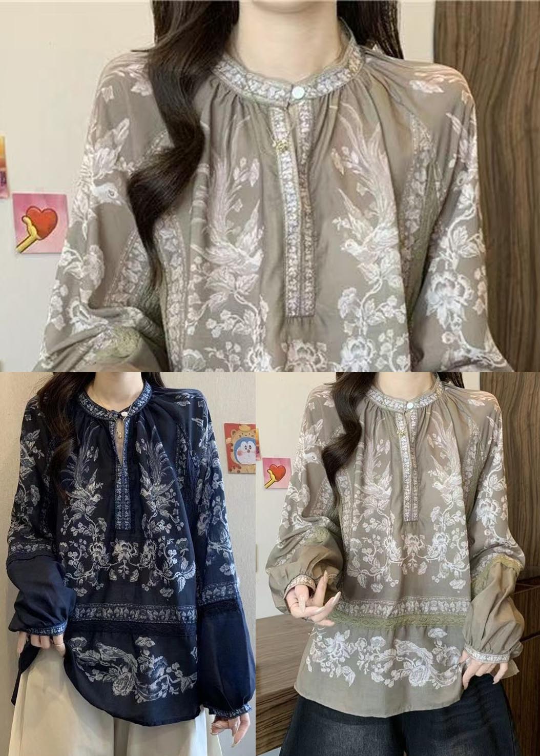 DIY Khaki Oversized Print Cotton Blouse Top Fall