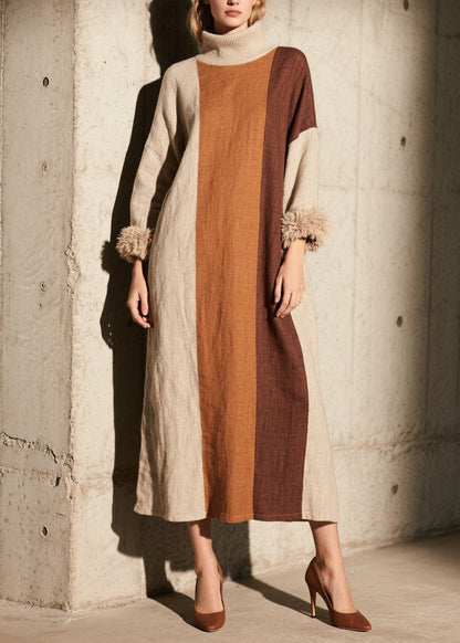 Women Colorblock Hign Neck Patchwork Cotton Dress Fall