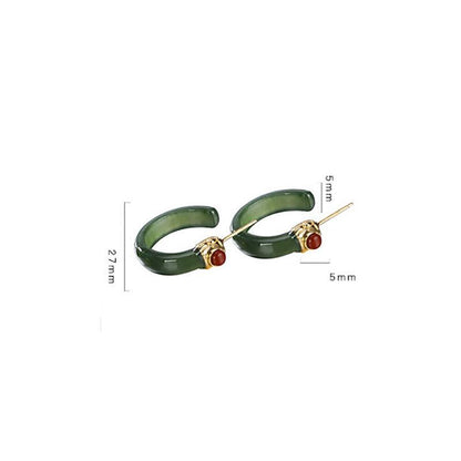 Women Retro Jade Inlaid Silver Earrings Studs