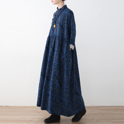 Blue Loose Vintage Button  Linen Print Dress