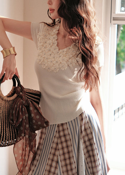 Art Beige V Neck Floral Nail Bead Knit T Shirts Summer