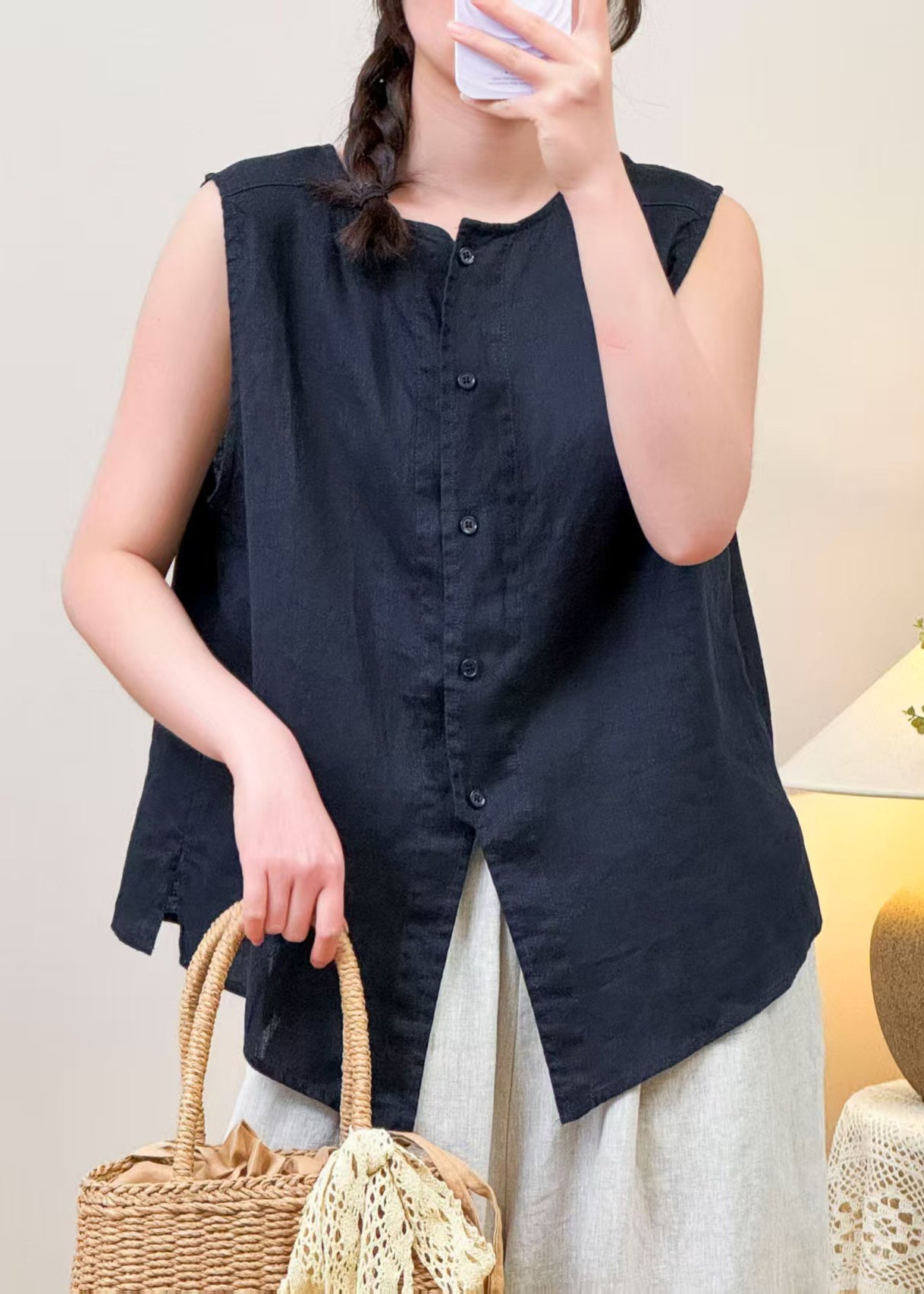 Simple Navy O Neck Button Solid Linen Shirt Sleeveless