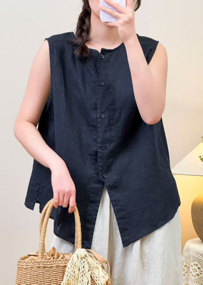 Simple Navy O Neck Button Solid Linen Shirt Sleeveless