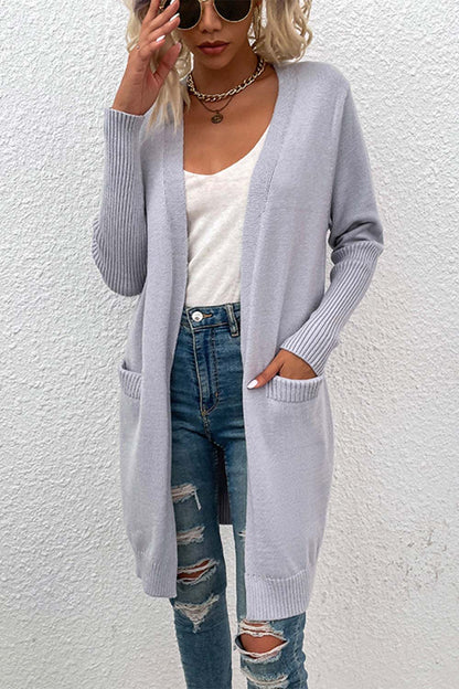 Mid-Length Solid Color Pocket Knit Cardigan