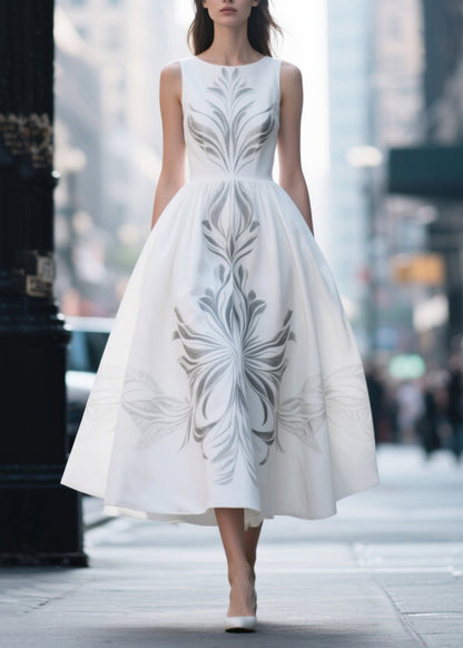 Elegant White Print Exra Large Hem Silk Cotton Dress Summer