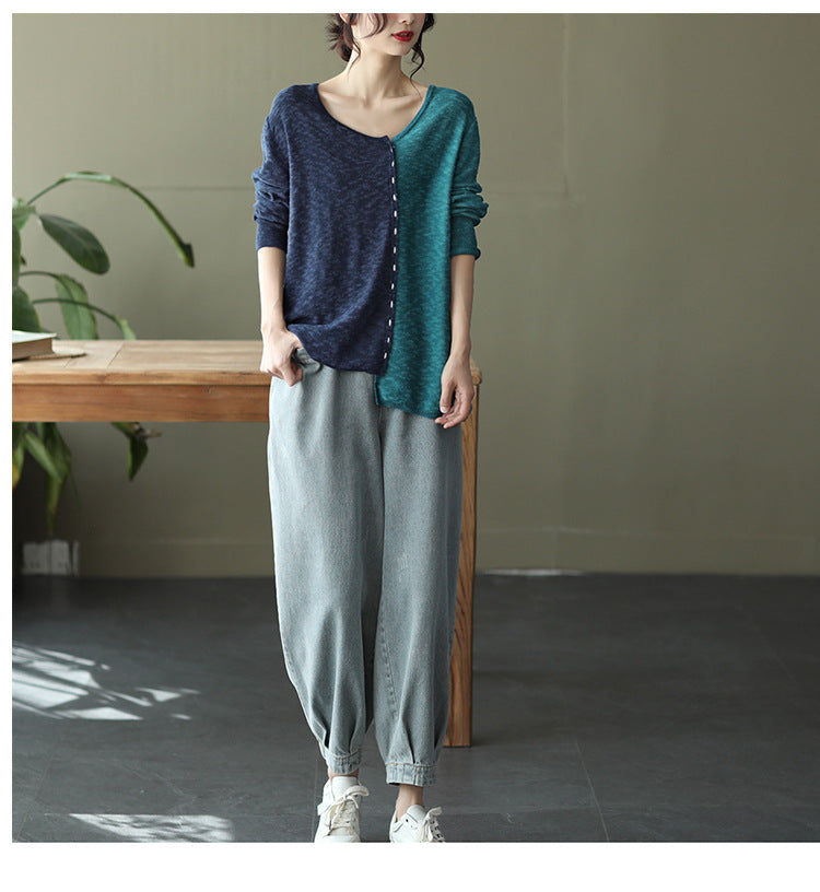 New Literary Retro Color Matching Knitted Top