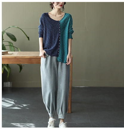 New Literary Retro Color Matching Knitted Top