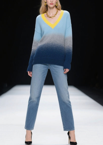 Fashion Mixed Color V Neck Warm Knitted Tops Winter