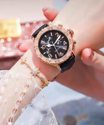 Beautiful Black Leather Alloy Reinforced Glass Waterproof Watches