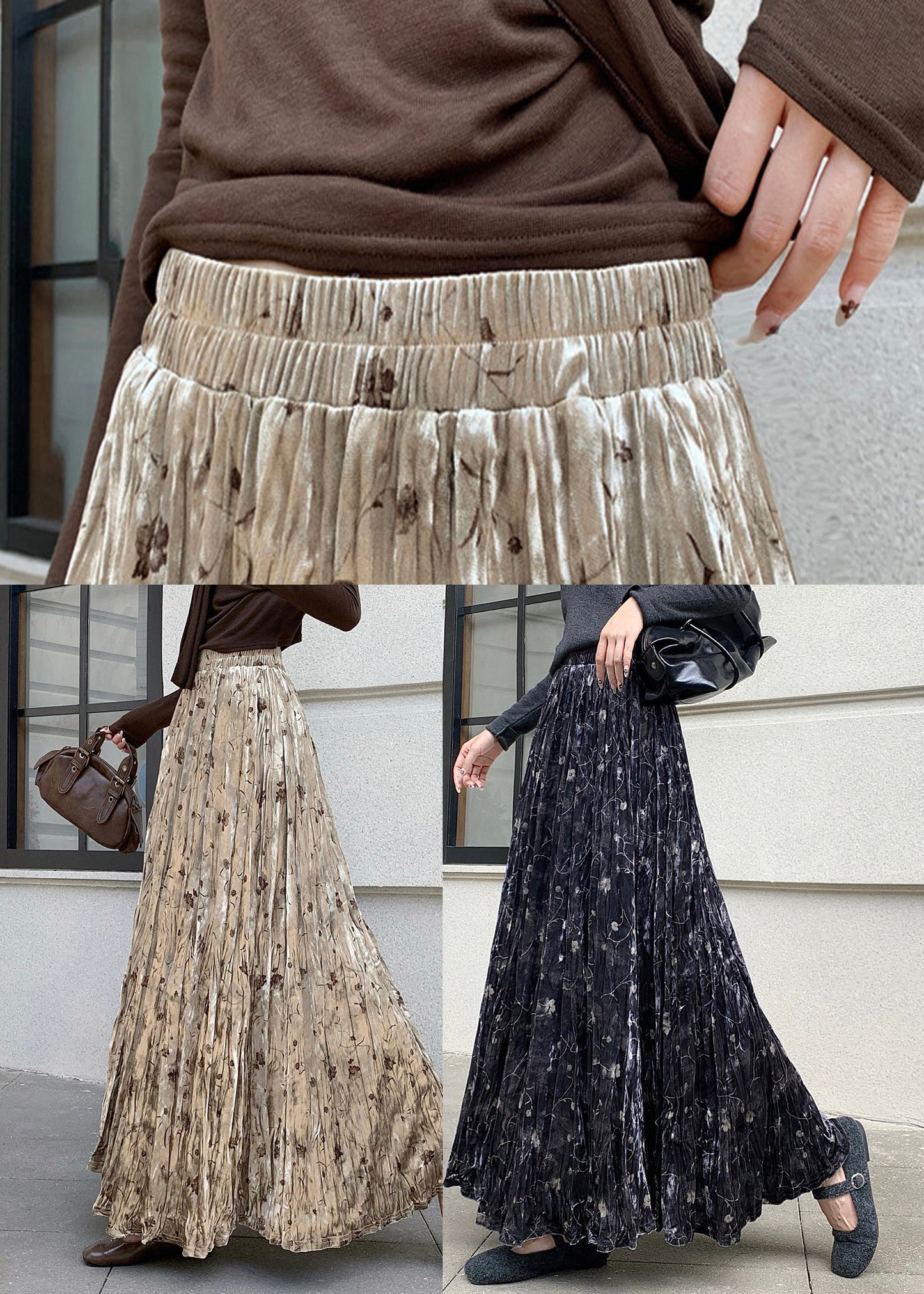 Women Apricot Print Draping Silk Velvet Skirts Spring