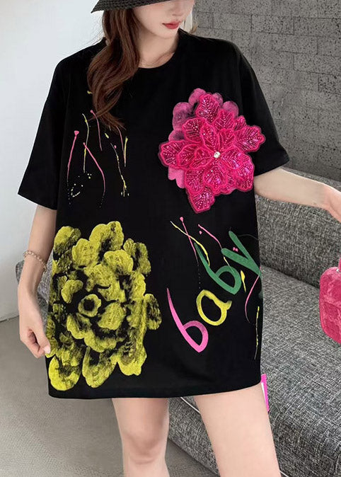 Black Graffiti Print Cotton Tanks Floral Decorated Summer
