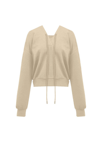 Casual Khaki Tie Lace Drawstring Solid Hooded Sweatshirts Fall