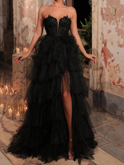 Sexy Sleeveless Cold-Shoulder Lace Tube Top High Slit Dress