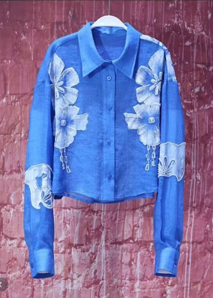 Modern Blue Peter Pan Collar Floral Cotton Blouses Fall