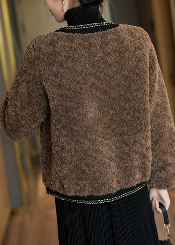 French Coffee O-Neck Patchwork Button Faux Fur Coats Winter