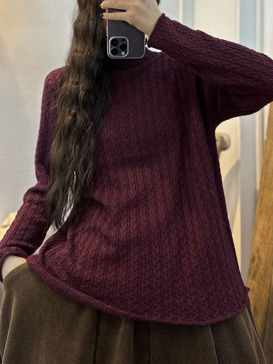 Women Casual Stripe 3D Knitted Solid Turtleneck Sweater