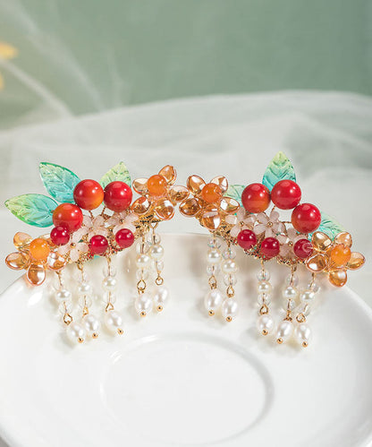 Vintage Rainbow Copper Overgild Pearl Hawthorn Leaf Tassel A Pair Hairpin