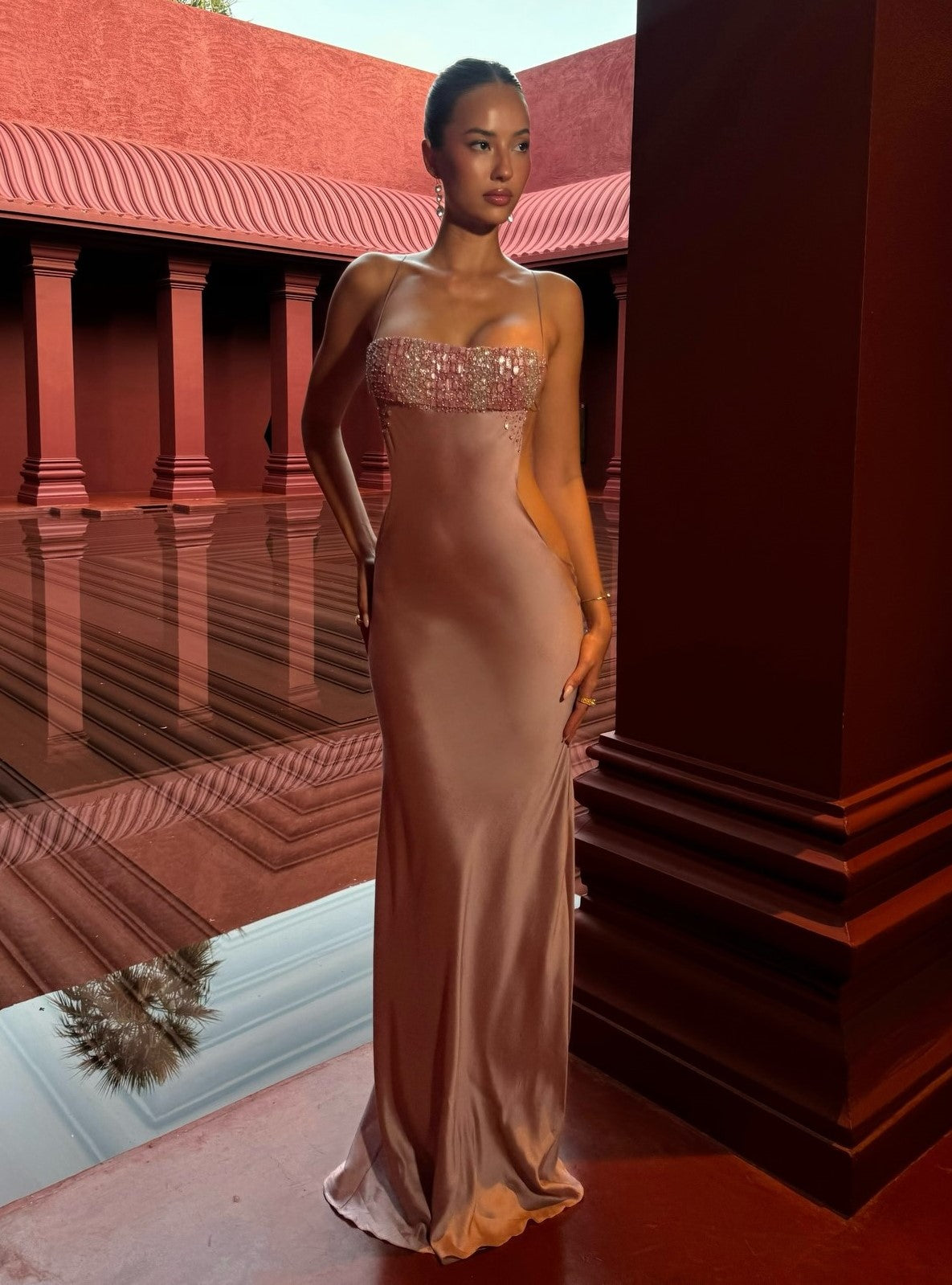 Dusty Rose Satin Beaded Cutout Maxi Gown