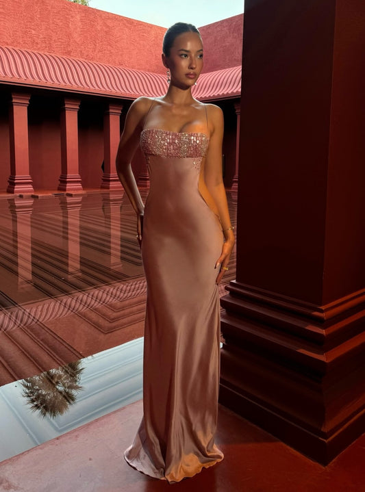 Dusty Rose Satin Beaded Cutout Maxi Gown