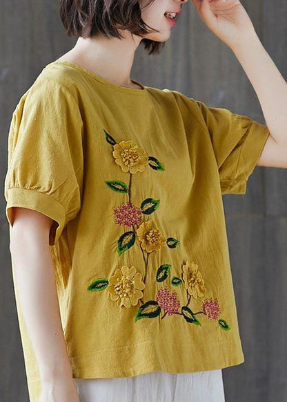 Plus Size Yellow Half Sleeve Cotton Linen Summer Top