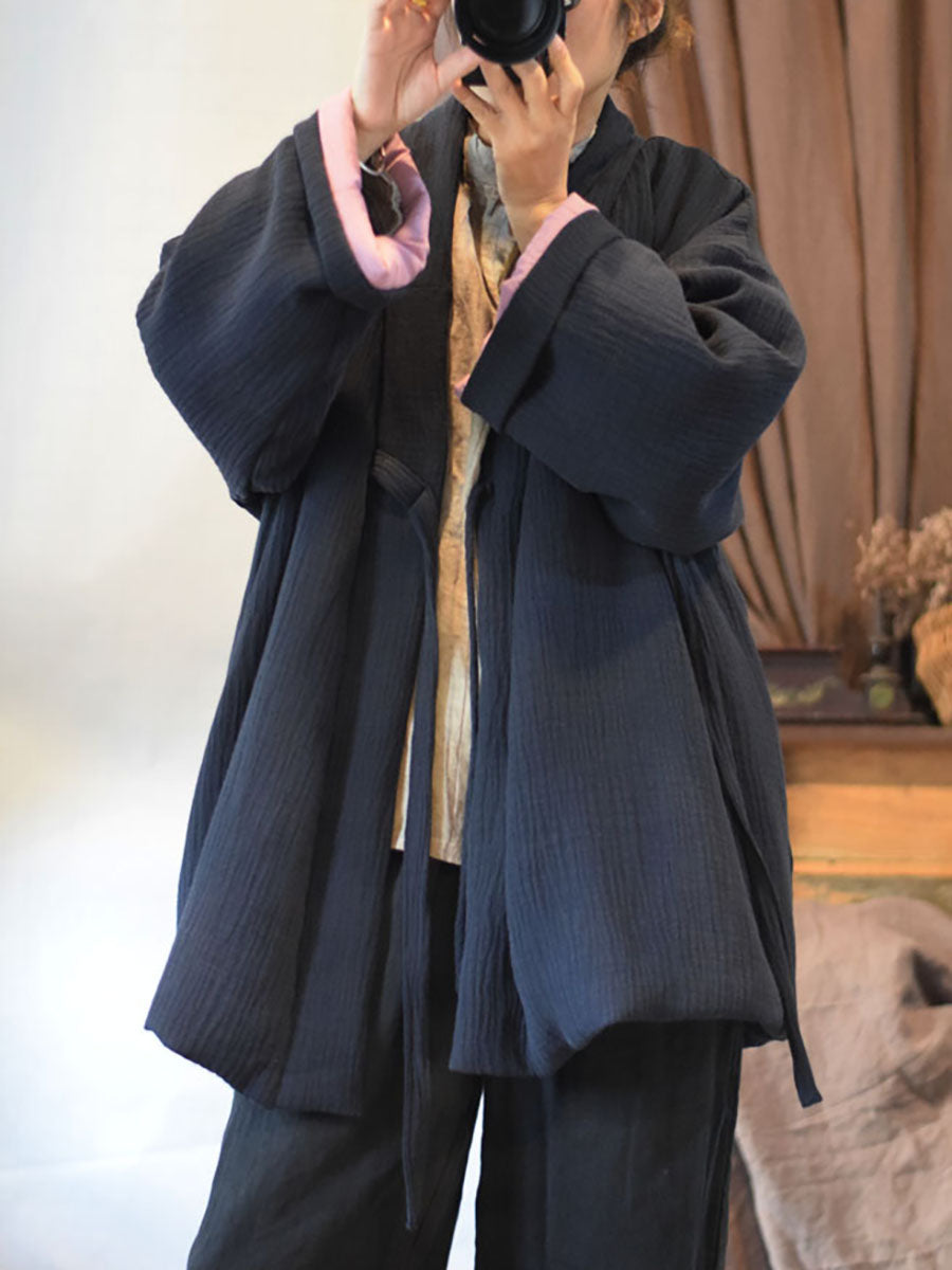 Women Winter Chinese Style Drawstring Linen Cotton Coat