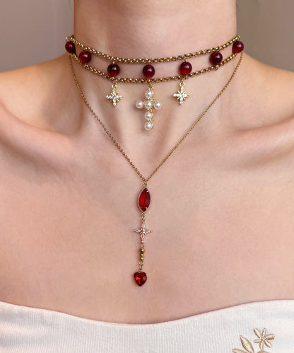 Elegant Red Cat's Eye Cross Layering Alloy Two Piece Set Pendant Necklace