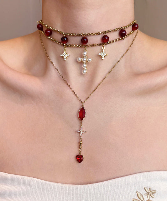 Elegant Red Cat's Eye Cross Layering Alloy Two Piece Set Pendant Necklace