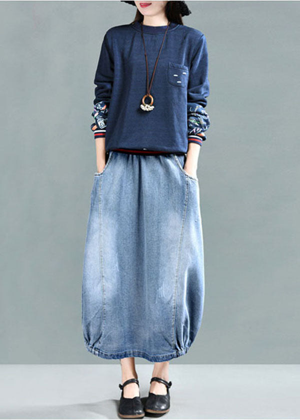 Fashion Light Blue Elastic Waist Pockets Cotton Denim Skirt Cozy