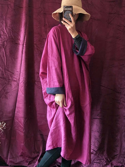 Vintage Solid Embroidery Linen Breasted Loose Dress
