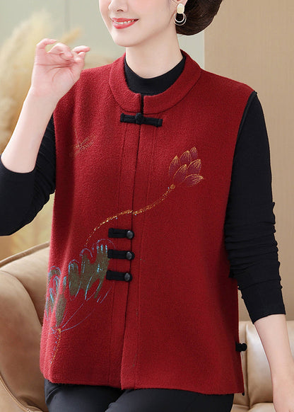 Vintage Red Embroidered Floral Knit Waistcoat Sleeveless