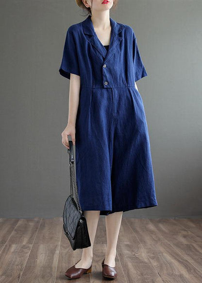 Bohemian Blue Pockets Button Vacation Summer Linen Dress