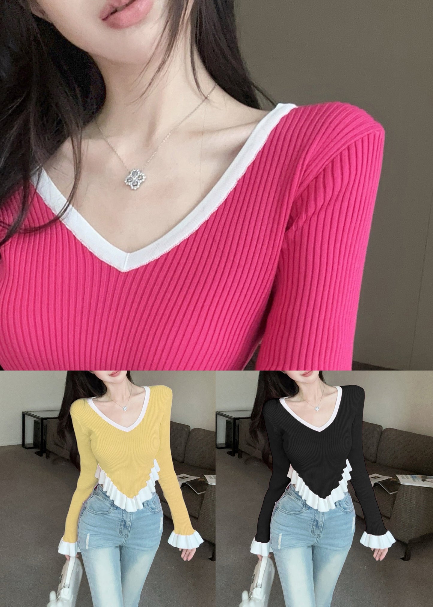Women Yellow Ruffled Patchwork Knit Sweaters Flare Sleeve