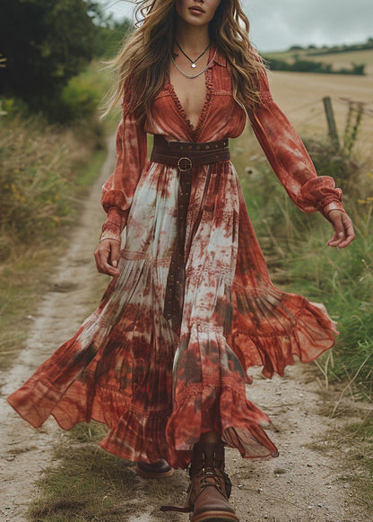 Fashion Tie Dye Wrinkled Patchwork Chiffon Dresses Spring