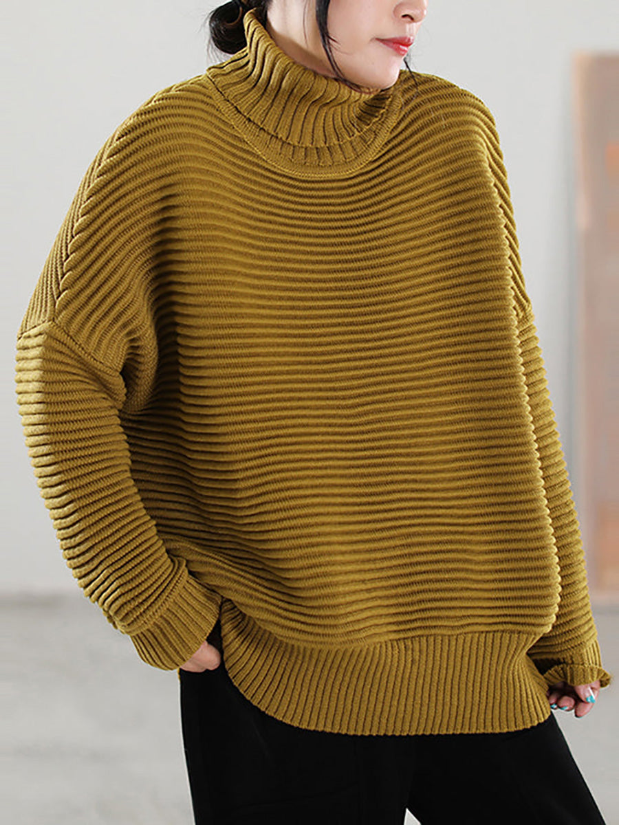 Women Highneck Solid Color Knitted Loose Long Sleeve Sweater