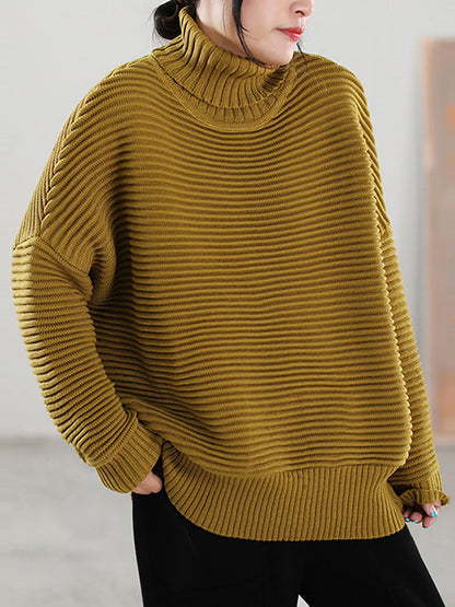 Women Highneck Solid Color Knitted Loose Long Sleeve Sweater