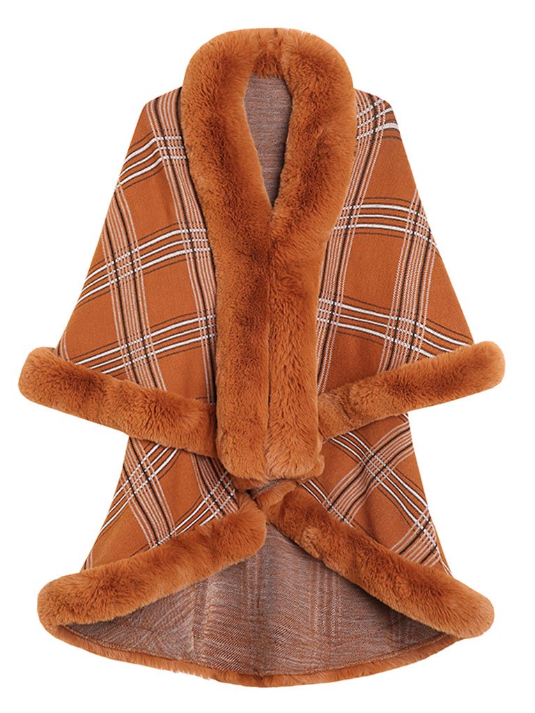 Women Poncho Wrap Faux Fur Collar Double Layer
