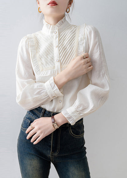 French White Ruffled Patchwork Wrinkled Chiffon Shirt Tops Spring