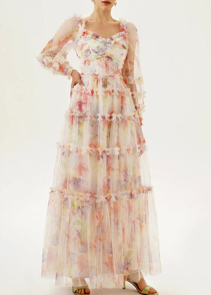 Women U Neck Ruffled Patchwork Tulle Long Dress Summer