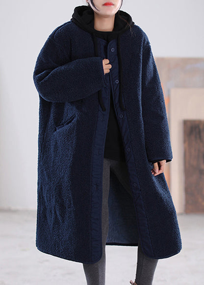 Loose Coffee O-Neck Patchwork Button Pockets  Faux Fur Coats Long Sleeve