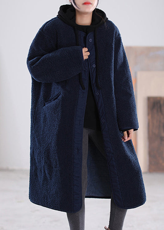 Loose Coffee O-Neck Patchwork Button Pockets  Faux Fur Coats Long Sleeve