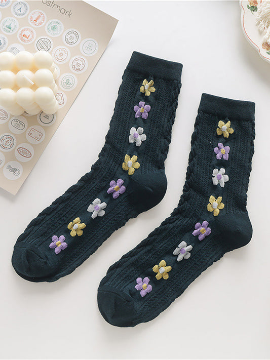 5 Pairs Female Retro Flower Autumn Socks