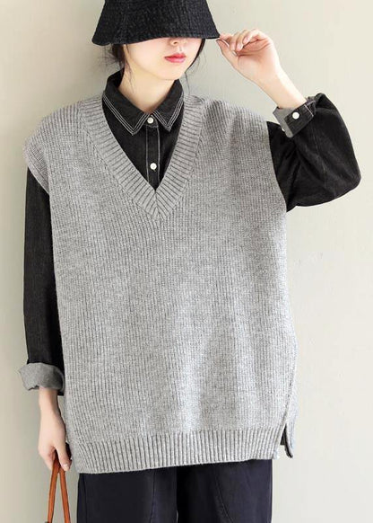 Vintage Light Gray Knitwear Plus Size Clothing V Neck Sleeveless Knit Blouse