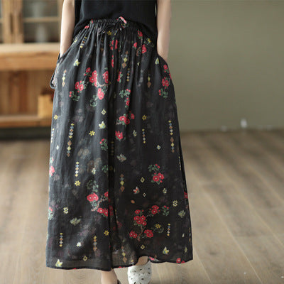 Cozy Floral Printed Linen A-Line Double Layers Skirt
