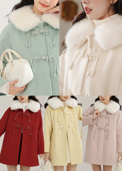 Bohemian Apricot Fur Collar Chinese Button Woolen Trench Winter