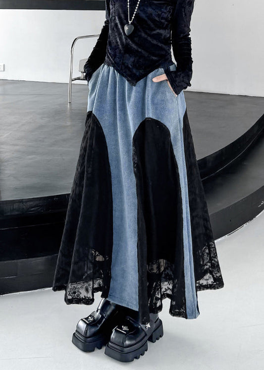 Original Design Black Drawstring Pockets Lace Patchwork Denim Skirts Fall