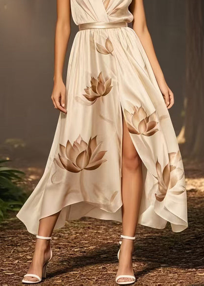 Elegant White Flower Side Open Silk Sundress Summer