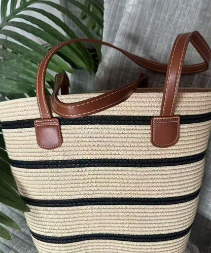 Modern Khaki Striped Large Capacity Straw Woven Tote Handbag